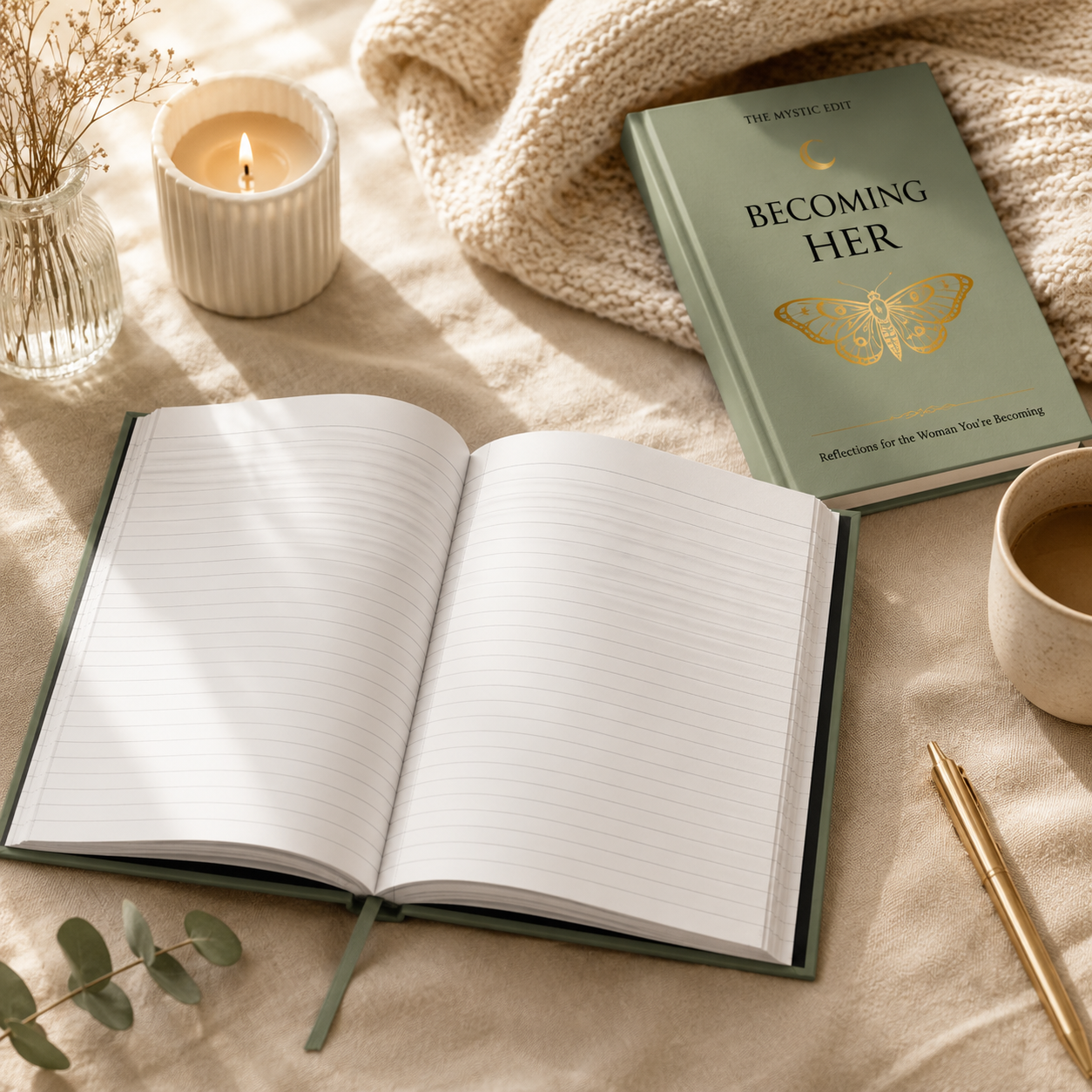 Becoming Her Hardcover Journal | Sage Green Reflection Notebook for Personal Growth, Self-Discovery & Daily Writing