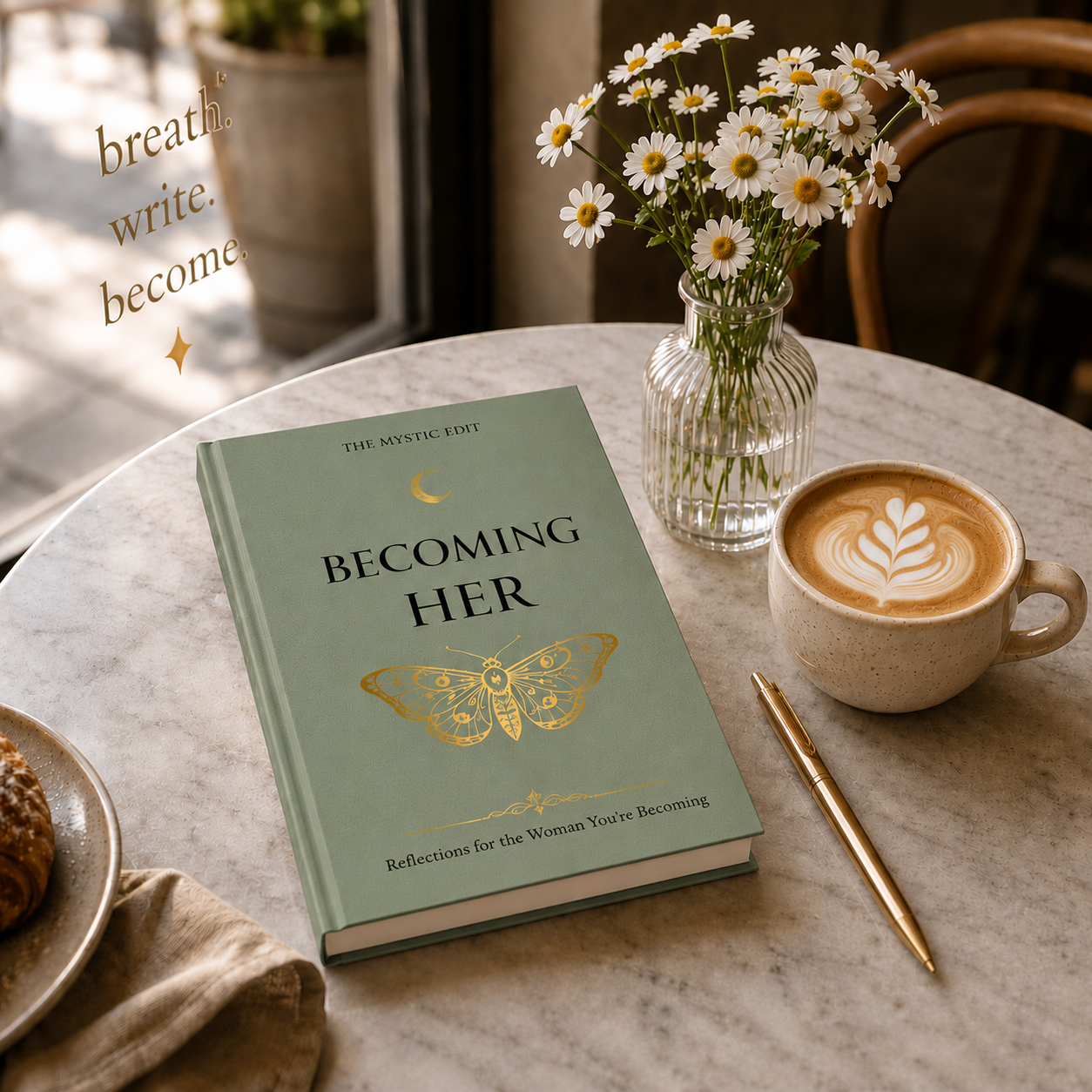 Becoming Her Hardcover Journal | Sage Green Reflection Notebook for Personal Growth, Self-Discovery & Daily Writing